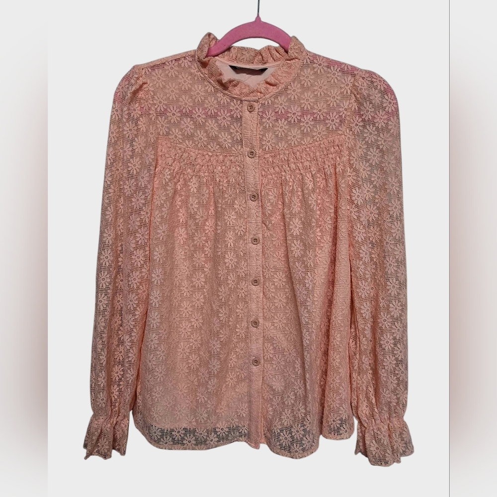 PRETTYGARDEN Lace Long Sleeve Eyelet Button-Down Blouse Sz Small Pink - Picture 2 of 8
